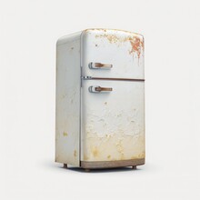 Retro Vintage Old 1950s Refrigerator With Rust Isolated On A White Background, Generative Ai