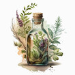 © Agnes - Beautiful olive oil bottle with herbs and plants. Watercolor style art. AI Generative.
