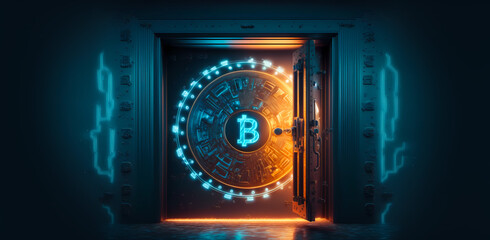 Gold Safe deposit with bitcoin logo. Concept symbol of cryptocurrency safety in internet blockchain virtual. Copy space banner. Generation AI