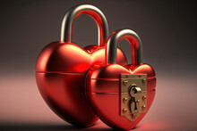 Red Padlocks In The Form Of Hearts Are Locked Together. Valentine's Day, Love, Anniversary, And Fidelity Concepts. Generative AI