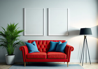 Wall Mural - blank two frames mock up in modern living room interior with blue sofa, red chair and plant,. Generative AI