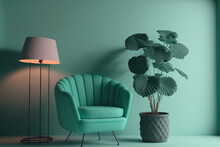 In A Room With A Mint Lampshade, There Is An Armchair And A Potted Plant. Generative AI