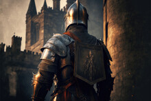 Armored Medieval Knight In Front Of A Beautiful Castle, Medieval Background, Created With Generative Ai Technology