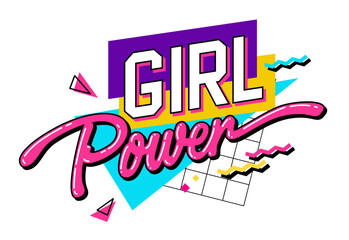 A lettering phrase with a bright and playful 90s style - Girl Power. Isolated vector typography design element with geometric shapes as the background. Web, fashion, print purposes