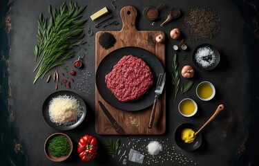 Poster - preparing mince. a black kitchen table with raw ground veal and cooking supplies. atop of fresh minc