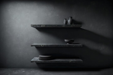 Canvas Print - Natural stone shelves with their tops empty, cement wall in the backdrop. Tabletop made of cement black marble that is empty. Generative AI