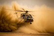 © The 2R Artificiality - AMIANTOS, Cyprus JUNE 2, 2022 During the joint Cyprus Israel military exercise Agapinor 2022, an Israeli Sikorsky UH 60 Black Hawk helicopter takes off in thick dust clouds. Generative AI