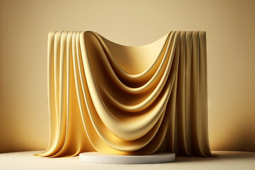 For product presentations and branding, use a luxurious backdrop. Illustration of a soaring wave made of gold fabric and a podium in beige. Generative AI