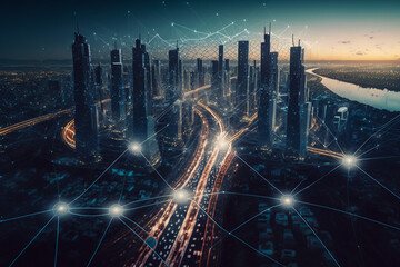 telecommunication connections above smart city. futuristic cityscape concept for internet of things 