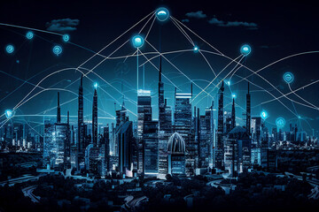 Telecommunication connections above smart city. Futuristic cityscape concept for internet of things (IoT), fintech, blockchain, 5G network, wifi hotspot access, cyber security, digital technology, AI