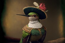 Created With Generative AI Technology. Portrait Of A Hummingbird In Renaissance Clothing