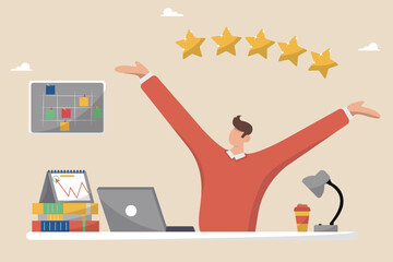 Customers rate satisfaction and leave positive feedback. Concept of customer service and user experience. Rated five stars. The manager sits at his desk and receives feedback.