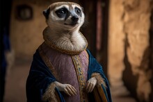Created With Generative AI Technology. Portrait Of A Meerkat In Renaissance Clothing