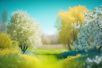 Wall Mural - blurred spring background nature with blooming glade, trees and blue sky on a sunny day. Generative AI