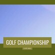 Square image of golf championship text over violet background with green frame