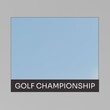 Square image of golf championship text over blue background with grey frame