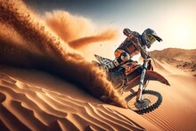 Extreme Motocross MX Rider Riding On Sand Track , Desert On The Background , Generative Ai