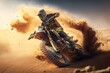 Extreme Motocross MX Rider riding on Sand track , desert on the background , Generative ai	