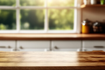 Sticker - Wood table top without any objects against a blurry kitchen window background. for montage of food or products. Generative AI