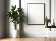 Standing On The Parquet Floor Of A Contemporary Living Room Is An Empty Vertical Picture Frame. Interior Design Mockup In A Modern, Scandinavian Design. Picture Space Is Available. Vase, Console, And
