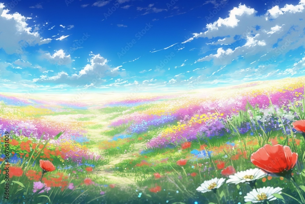 花 カラフル 草原 植物 花畑 幻想 ファンタジー アニメ, generative ai
