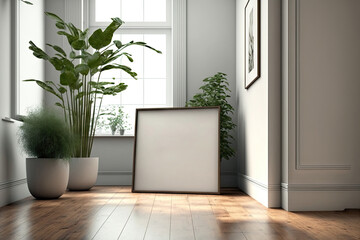 Wall Mural - Square poster frame mock up on the floor in living room with wooden floor and white wall. 3d illustration. Generative AI