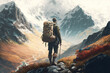 Hiker standing on top of mountain, Hiking in Nature Painting, Man looking out at the view, Travel, Journey, Backpacking, Mountains, Adventure, Scenic, Digital Art, Illustration, Print, Web, Poster