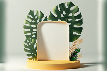 Poster - Frame, cover, card, or postcard with a discrete botanical backdrop and a shadow on the wall. Exhibition podium, stand, on a soft, architecturally themed backdrop for a premium item. Generative AI