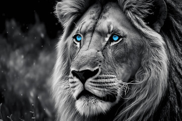 Wall Mural - Black and White Lion with Blue Eyes - Generative AI