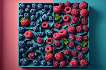 Wall Mural - Inventive raspberry and blueberry design. Lay flat. notion of food. Generative AI