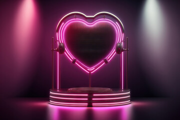 Canvas Print - With a neon heart shaped frame, the beauty and fashion podium backdrop. Generative AI