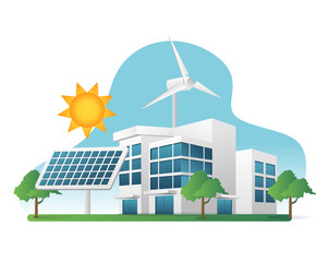 flat isometric 3d illustration concept of business office with solar panel energy