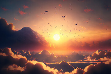 Poster - sweeping sunrise high definition sky in the morning. birds flying through white clouds as the sun rises. Generative AI