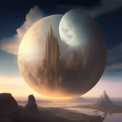 Wall Mural - Generative AI:  landscape with castle and a full moon in the sky