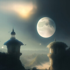 Canvas Print - Generative AI:  landscape with castle and a full moon in the sky