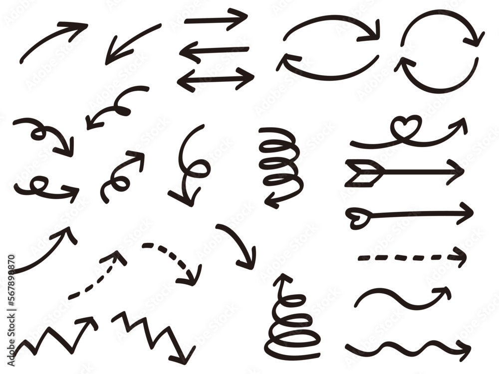 マーカーで描いたような手書きのくるくる矢印セット Stock Vector 