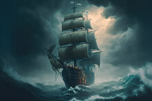 On A Stormy Sea, A Pirate Ship. Generative AI
