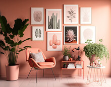 Poster Presentation In A Flat Colored Interior Space With Five Frames On The Wall, Monochromatic Light Pink, Pinkish Orange Hue Gallery Wall, One Chair, And Plants. Generative AI