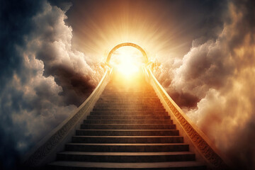 Wall Mural - ascending stairs to the sun. God is great. bright heavenly light background religion wonderful sky the dawn sky born light solar flare up. Generative AI