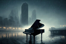 A Piano In The Rain In Front Of A Foggy Metropolis. Generative AI