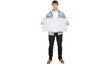Man showing sign standing in full body. Casual young guy holding blank empty banner sign isolated in transparent PNG. Caucasian male model in his twenties.