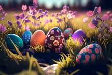 Easter Eggs Hiding In The Grass In Flower Field, Image Ai Midjourney Generated