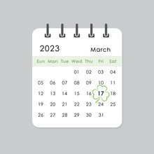 March 17 Date Highlighted With Green Shamrock On 2023 Calendar Page, St Patricks Day Vector Illustration