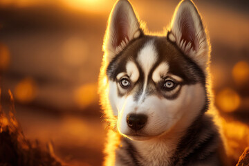 Poster - Siberian husky dog with two toned eyes and bokeh sunlight. Generative AI