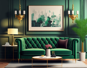 Luxury living room in house with modern interior design, green velvet sofa, coffee table, pouf, gold decoration, plant, lamp, carpet, mock up poster frame and elegant accessories. Template. Generative