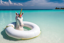 Beach With A Unicorn Swimming Tube, Koh Lipe, Satun, Thailand Unflattering Unicorn For A Summertime Pool Trip, A Fantasy Swim Ring Lovely Water And Beach With White Sand. Generative AI