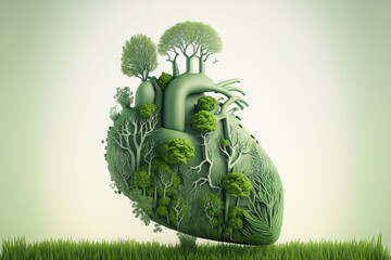 Poster - Conceptual illustration of green trees and grass with human heart shapes. respiratory apparatus. a sound heart. plant; grass; human heart. Generative AI