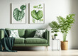 © AkuAku - Leaves posters on white wall above green settee with pillows and blanket in spacious living room interior with plants. Generative AI
