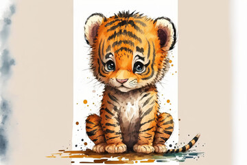 Wall Mural - electronic watercolor Cute cartoon tiger artwork created digitally and set on a white backdrop. Little adorable animals in watercolor. Generative AI