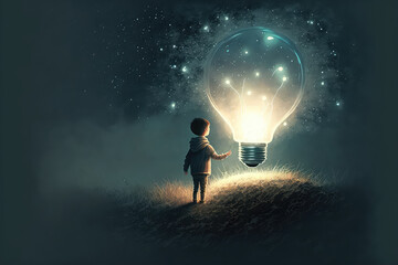 illustration painting  of a boy looking the big bulb half buried in the ground against night sky with stars and space dust, digital art style. (ai generated)